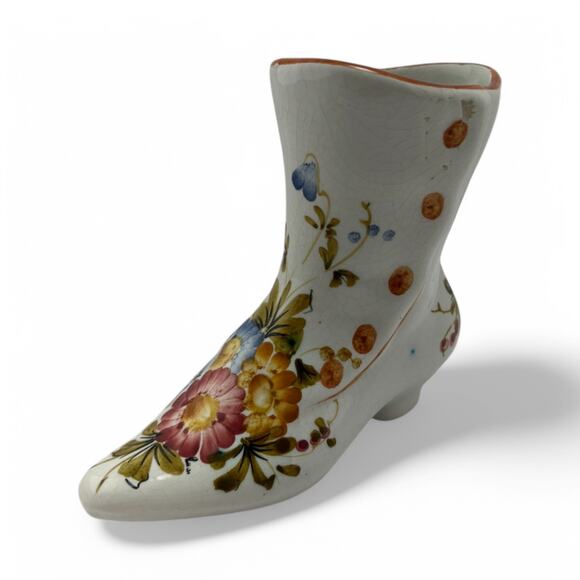 Vintage Bassano Italy Hand-Painted Ceramic Boot Vase – Floral Faience Pottery - Picture 7 of 16